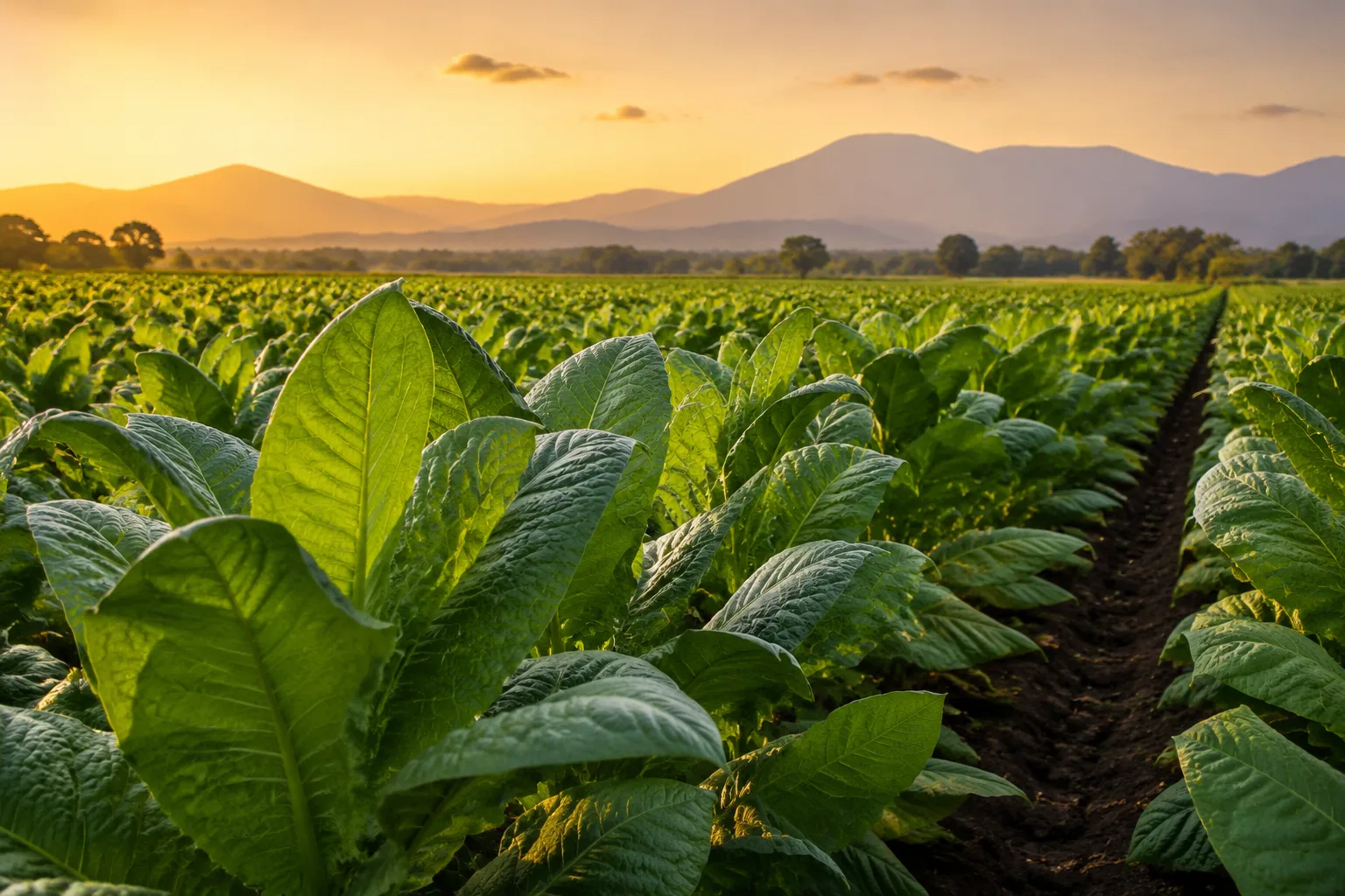 Mature tobacco crop at golden hour